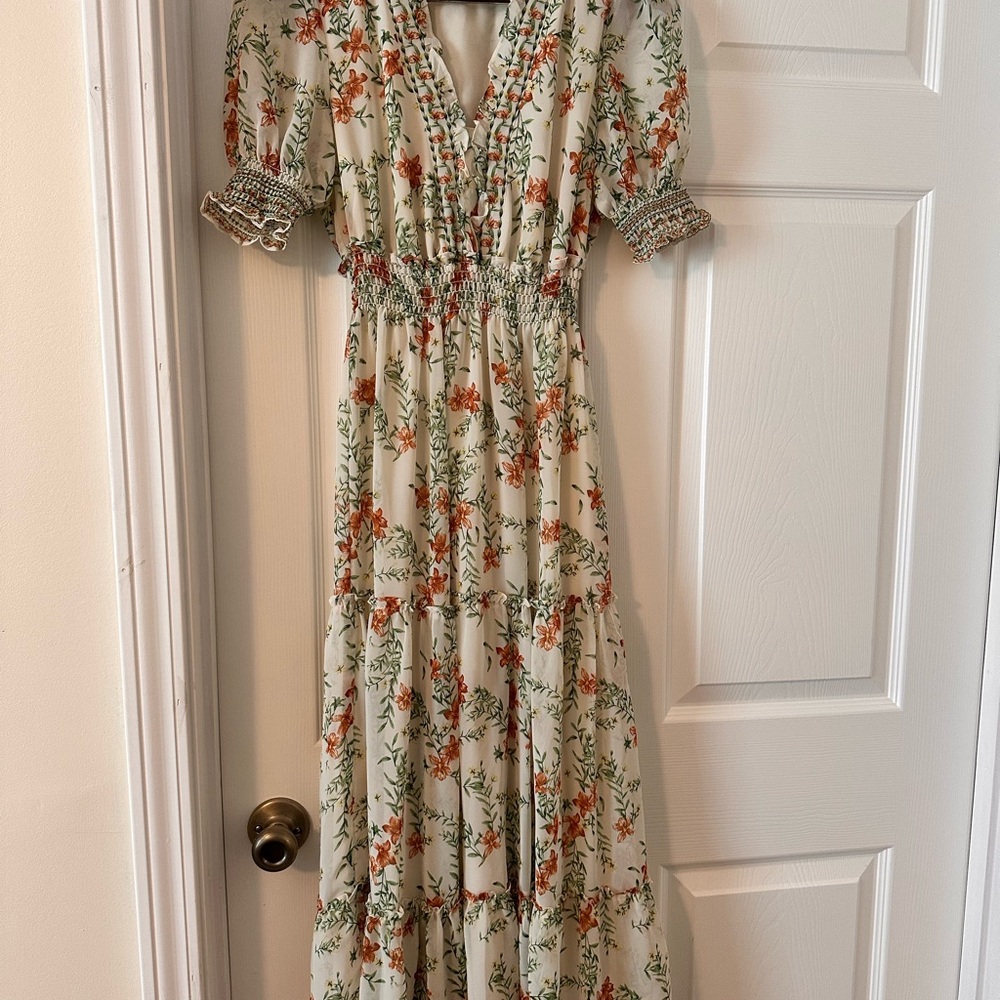 Cream Dress with Orange Floral Print and Smocked Waist